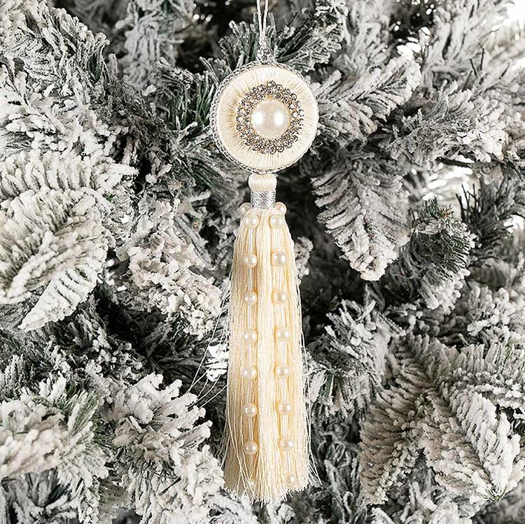 Новогодняя подвеска с жемчужинами и бежевой кисточкой Tassel With Pearls Beige 21 cm