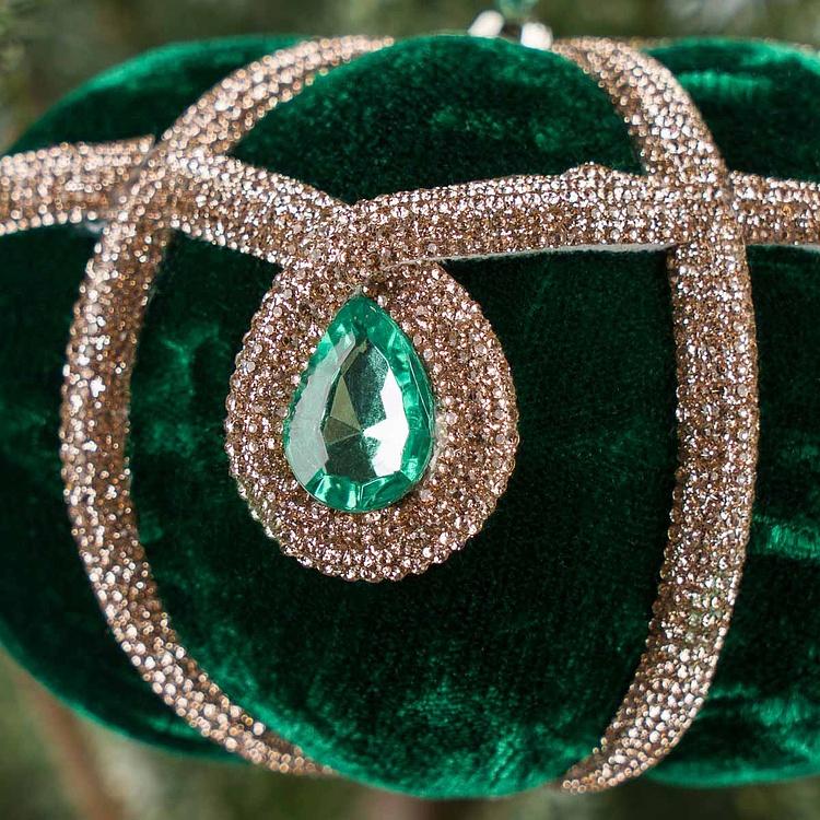 Ёлочная игрушка Зелёная тыква с орнаментом и стразами Velvet Pumpkin With Pattern And Rhinestones Green 12,5 cm