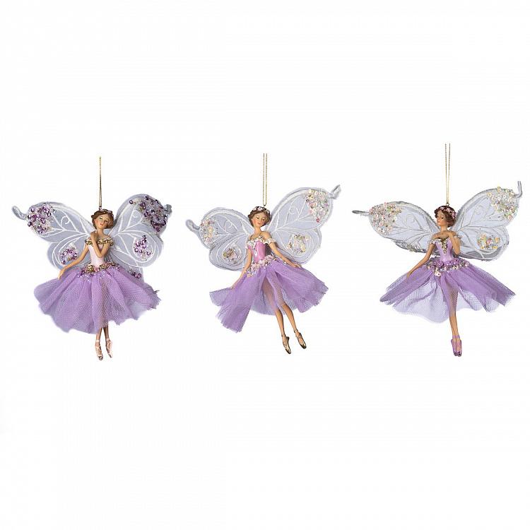 Set Of 3 Tulle Big Wing Fairies White Purple 19 cm