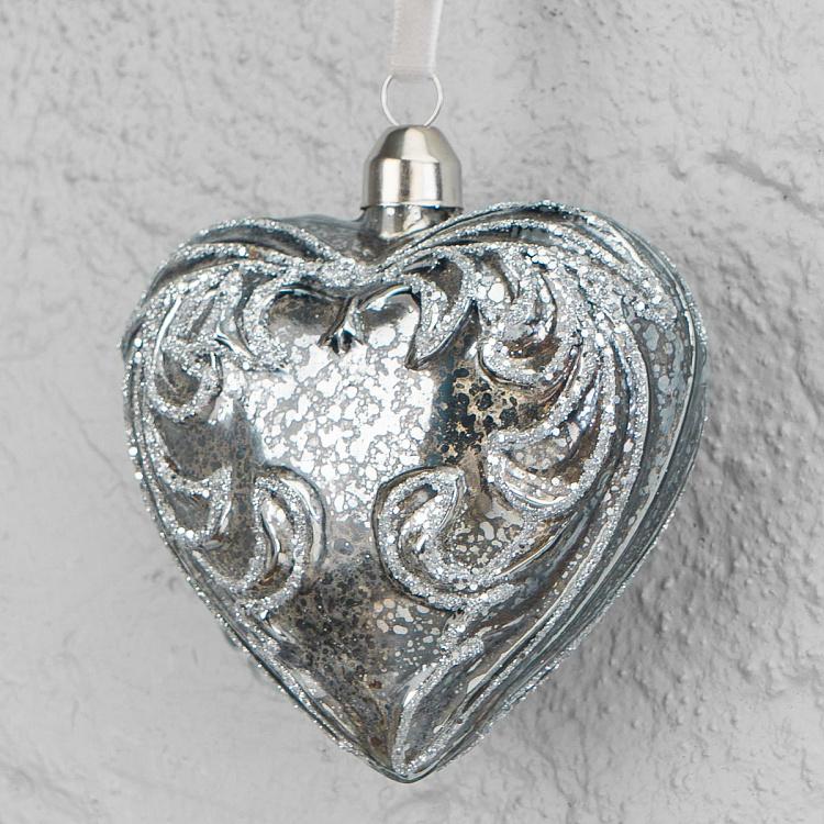 Ёлочная игрушка Сердце серебристо-голубое Heart Ball Silver Blue 9 cm