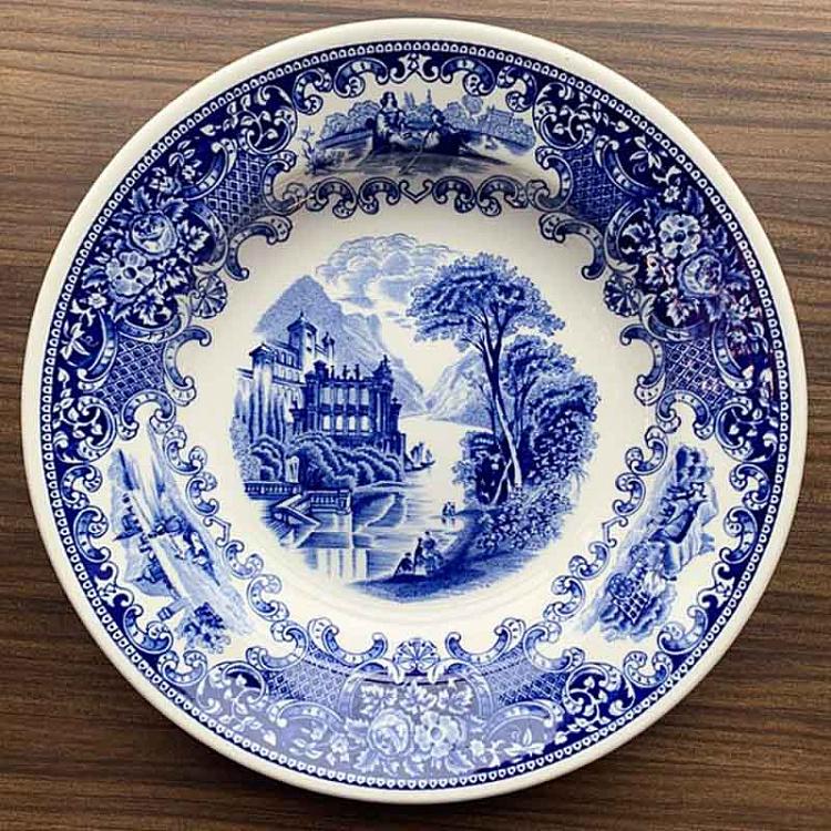 Винтажная тарелка белая с голубым мотивом 6, L Vintage Plate Blue White Large 6
