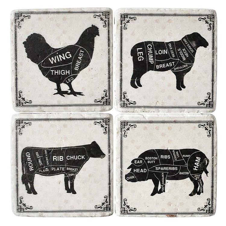 Набор из четырёх подставок под стаканы Фермерские обитатели Set Of 4 Stone Coasters Farm Animals