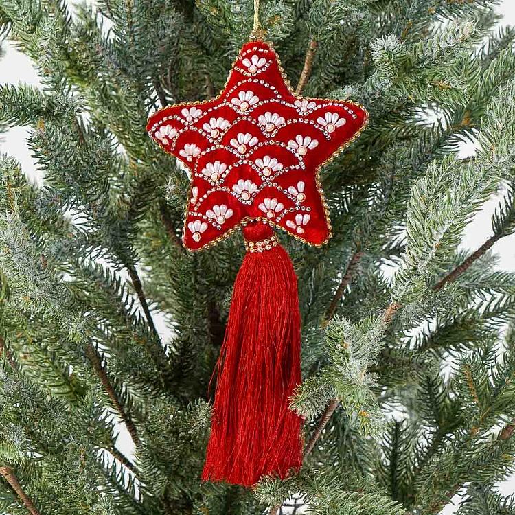 Pearl Ornament Red Velvet Star With Tassel 24 cm