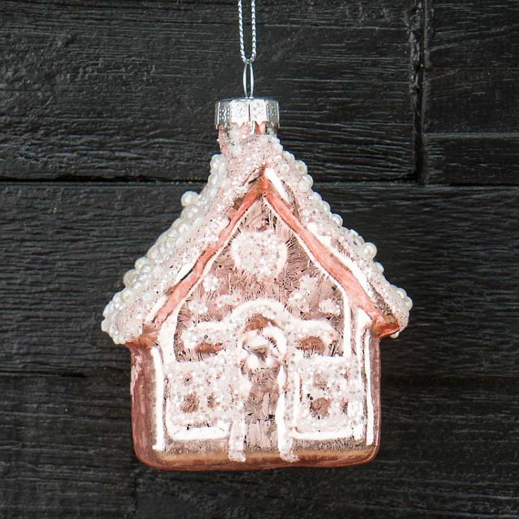 Ёлочная игрушка Розовый домик с бисером Glass Hanger House Pink With Beads 10 cm