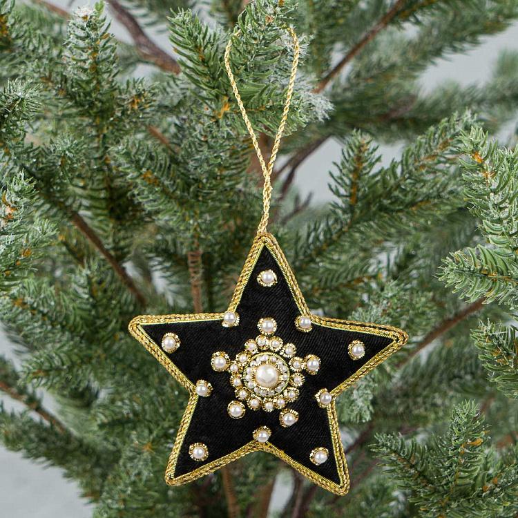 Ёлочная игрушка Чёрная бархатная звезда с жемчужинками Black Velvet Star With Pearls 10 cm