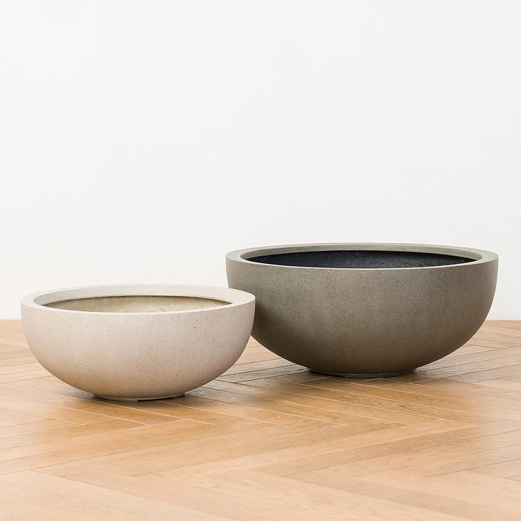 Низкое тёмно-серое кашпо-чаша Эффектори Бетон, M Effectory Beton Low Bowl Dark Grey Medium