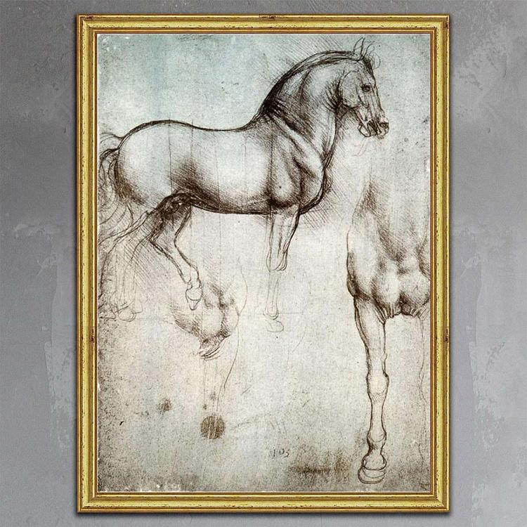 Рисунок-принт в золотой раме Леонардо да Винчи, Лошадь Da Vinci Horse, Gold Frame