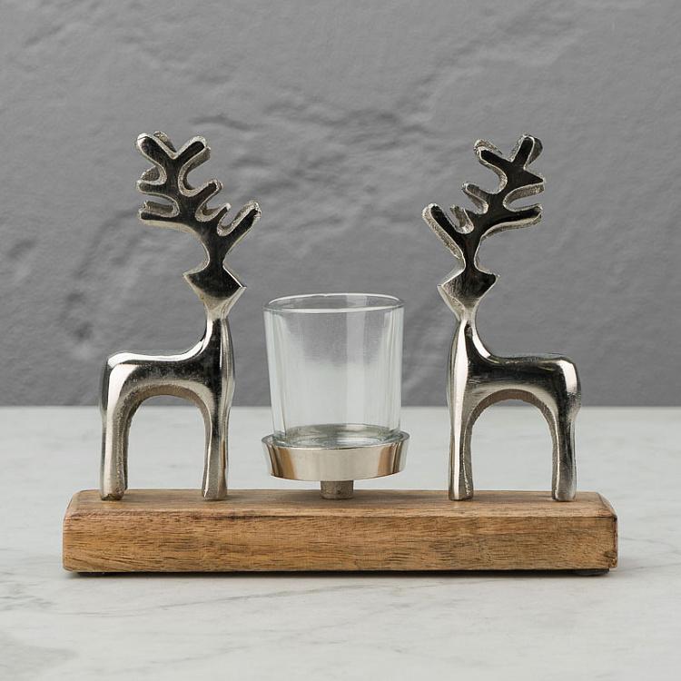 Подсвечник с двумя оленями на деревянной подставке 2 Deer Candle Holder