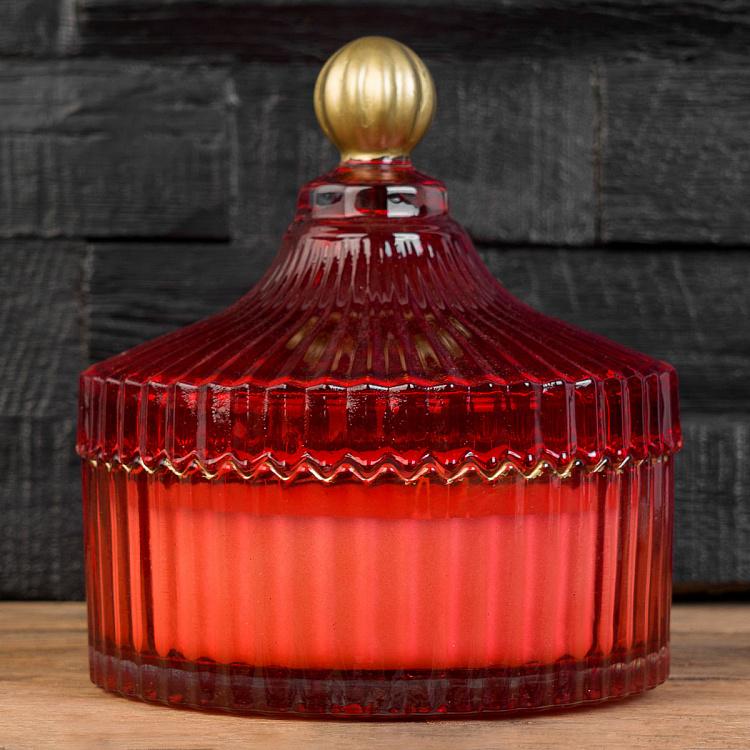 Арома-свеча в красном рифлёном стакане Фиолетоволистная роза, L Aroma Candle In Red Striped Glass Berry Rose Large