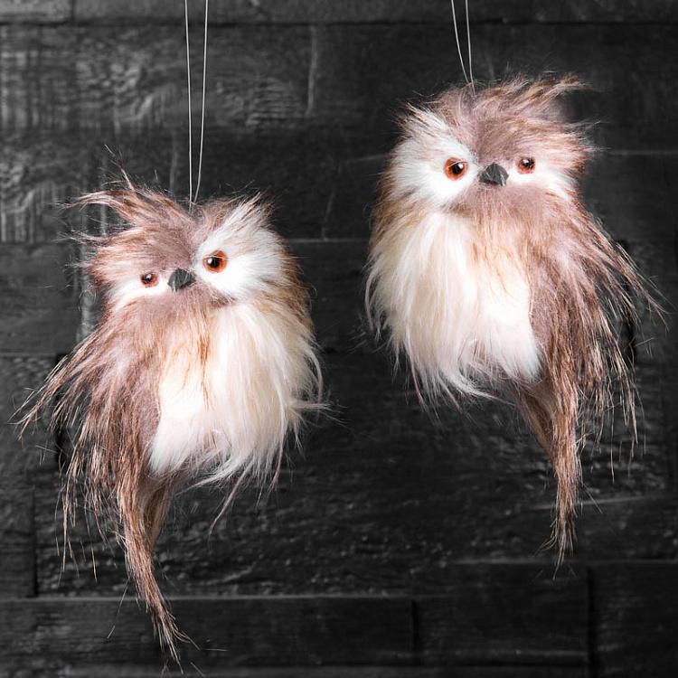 Набор из двух ёлочных игрушек Совы Set Of 2 Fluffy Owls Brown/White 11 cm