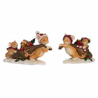 Набор из 2-х новогодних фигурок Set Of 2 Xmas Mice With Gift Bag Brown Red White 12 cm