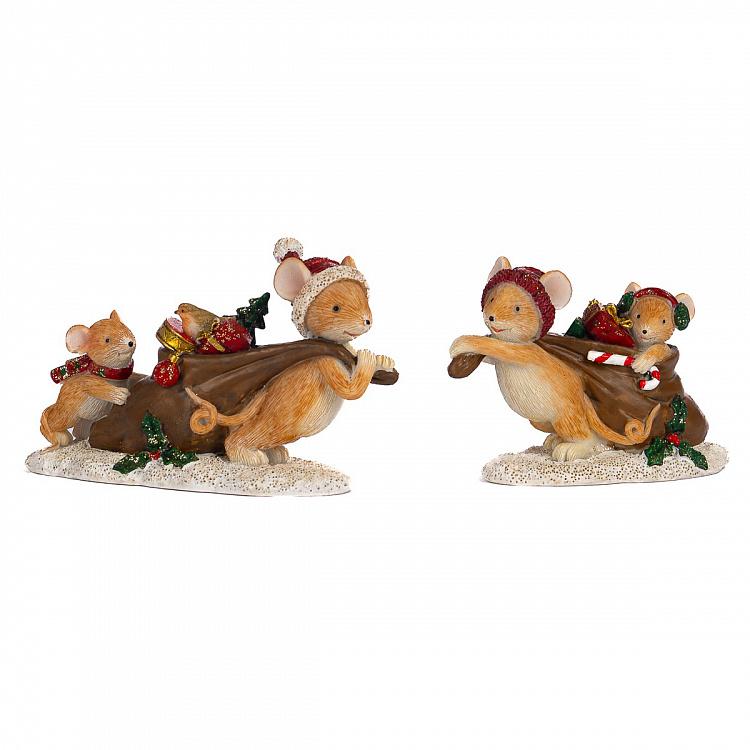 Набор из двух новогодних фигурок Мышки с мешками подарков Set Of 2 Xmas Mice With Gift Bag Brown Red White 12 cm