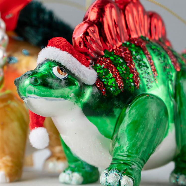 Набор из двух ёлочных игрушек Новогодние динозавры Set Of 2 Glass Xmas Dinosaurus Green/Gold 13 cm