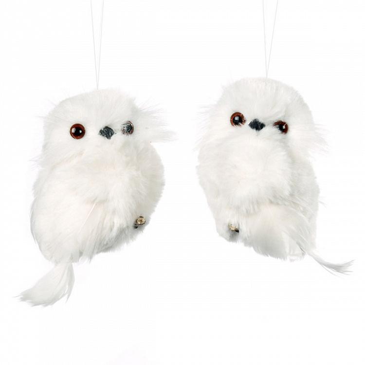 Набор из двух ёлочных игрушек Пушистые совы Set Of 2 Furry Owls White 11 cm