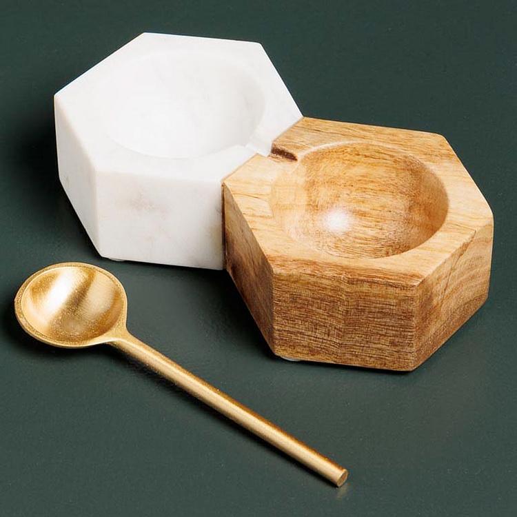 Набор для специй из мрамора и дерева манго Set Of 2 Salt And Pepper Marble And Mango Wood