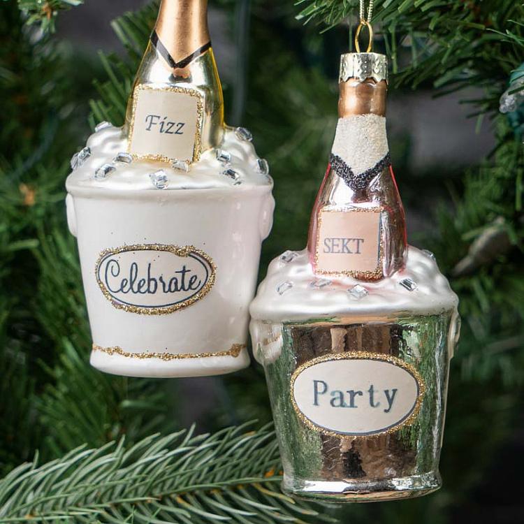 Набор из двух ёлочных игрушек Шампанское в ведре со льдом Set Of 2 Glass Hangers Champagne Coolers 9 cm