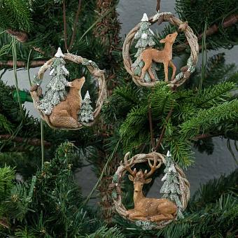 Набор из 3-х ёлочных игрушек Set Of 3 Deers And Fox In Wreath 10 cm