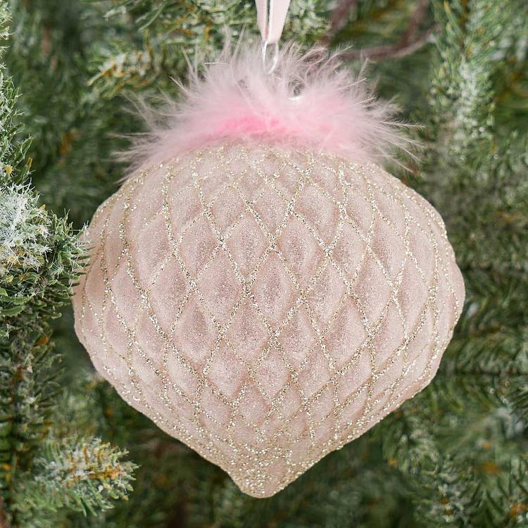 Ёлочная игрушка Розовая шишка с пухом, M Multifaceted Bulb With Fluff Pink 10 cm
