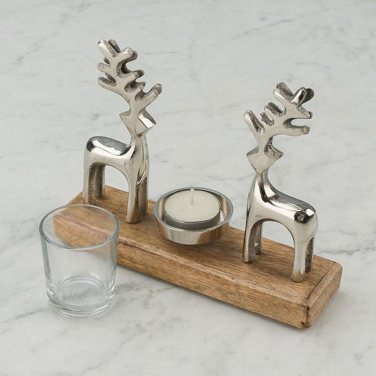 Подсвечник с двумя оленями на деревянной подставке 2 Deer Candle Holder