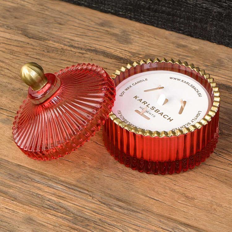 Арома-свеча в красном рифлёном стакане Фиолетоволистная роза, S Aroma Candle In Red Striped Glass Berry Rose Small