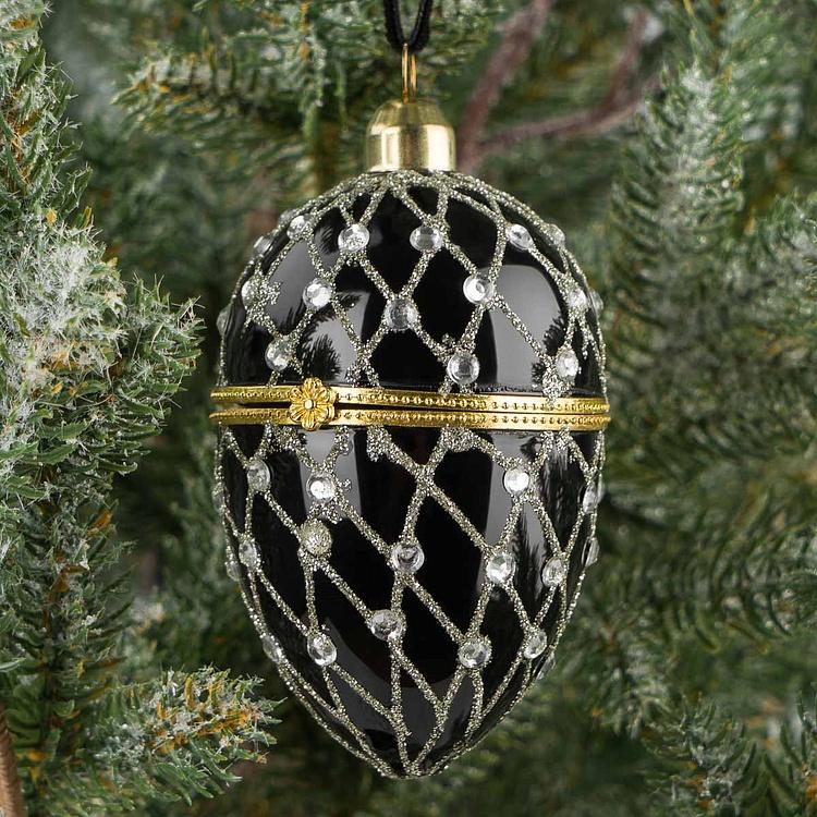 Ёлочная игрушка-шкатулка Чёрное яйцо с серебряным сеточным узором Xmas Egg Box Jewel Net Black Silver 9 cm