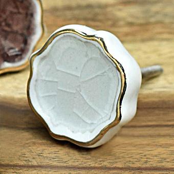 Cracked Glass Quatrefoil Gold Ceramic Knob White