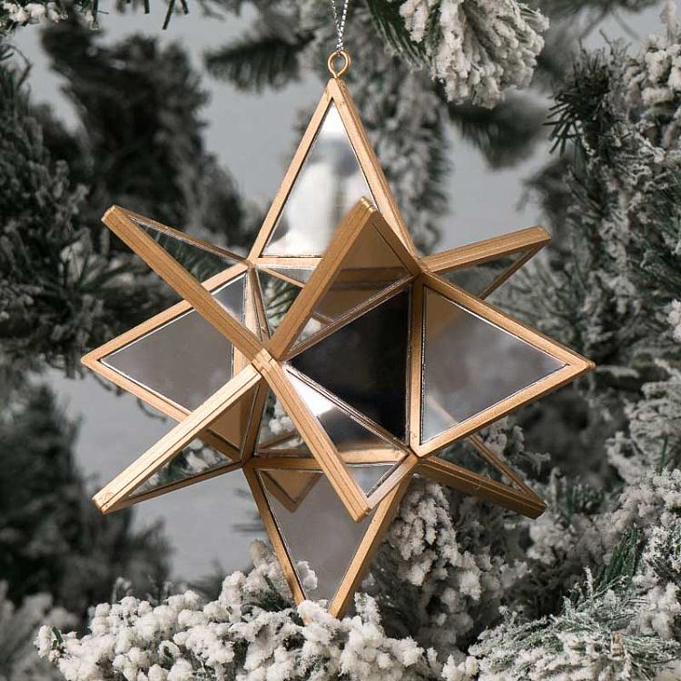 Ёлочная игрушка Зеркальная звезда серебряная с золотом 3D Mirror Star Gold Silver 14 cm
