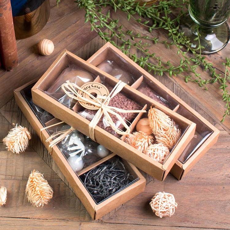 Украшение для интерьера (стеклянные шарики, камни и щепки) Kraft Box With Glass Bowls, Silver Stones And Wood Chips