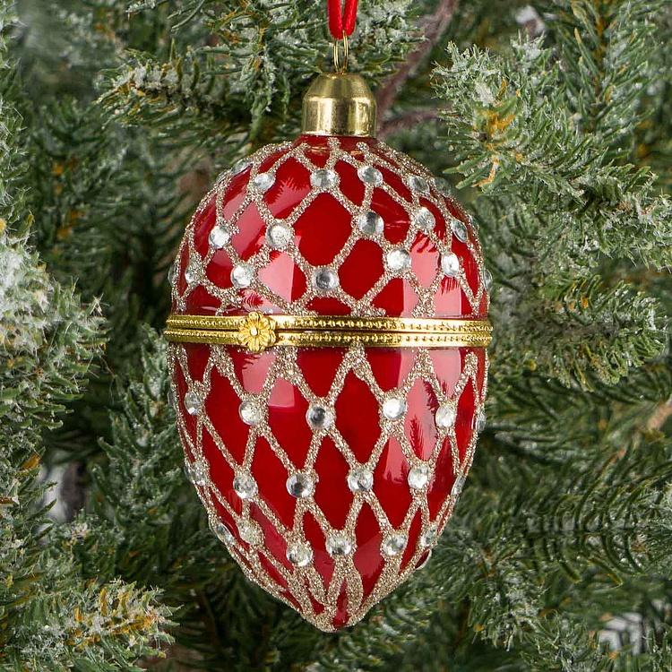 Ёлочная игрушка-шкатулка Красное яйцо с серебряным сеточным узором Xmas Egg Box Jewel Net Red Silver 9 cm