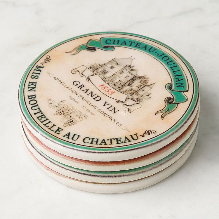 Набор из четырёх круглых подставок под стаканы Винные этикетки Set Of 4 Stone Coasters Wine Labels