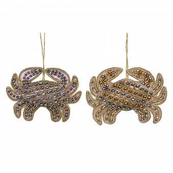 Набор из 2-х ёлочных игрушек Set Of 2 Embroidered Beaded Crabs Purple Gold 16 cm