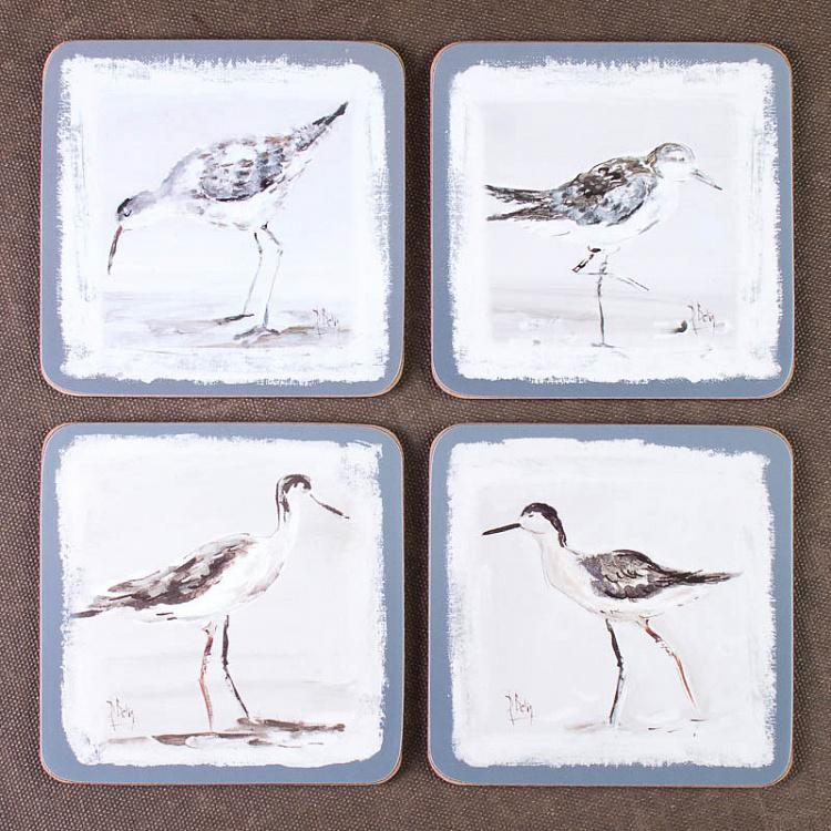 Набор из четырёх подставок под стаканы Птицы Set Of 4 Coasters Birds On Blue