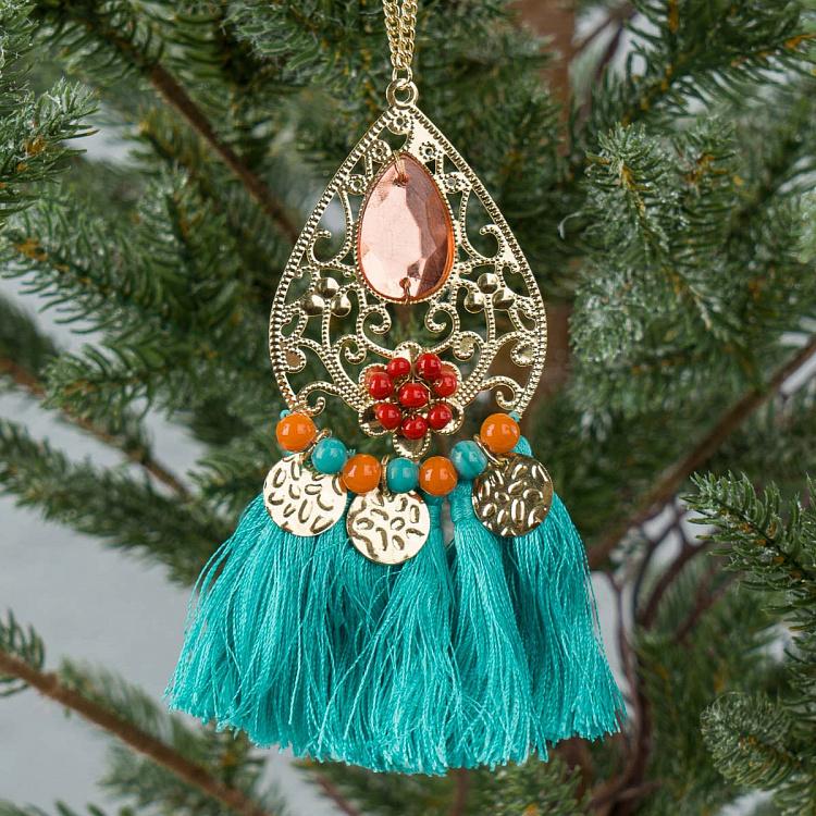 Новогодняя подвеска с бирюзовой кисточкой Metal Pendant With Turquoise Tassel 13 cm