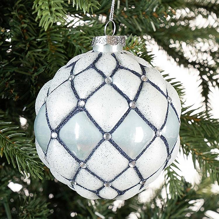 Ёлочная игрушка Клетчатый белый шар с бусинами Checkered Ball With Beads Blue 10 cm