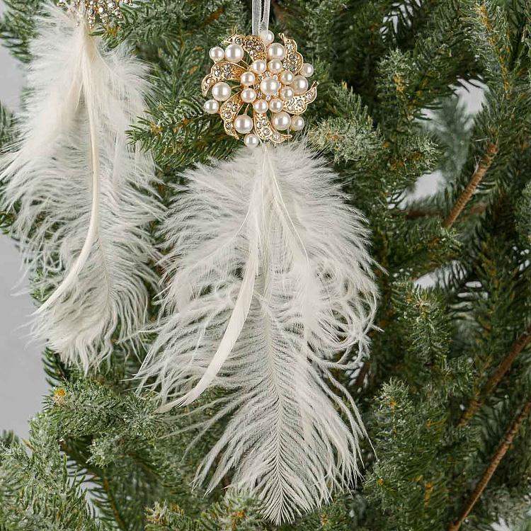 Набор из двух ёлочных игрушек из перьев Set Of 2 Plume Jewels Cream Gold 22 cm