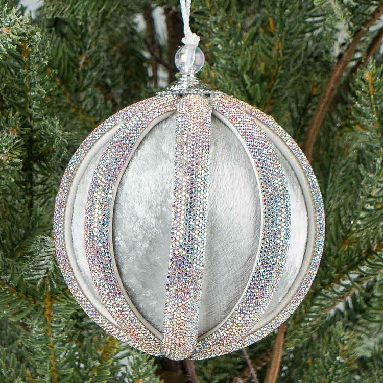 Ёлочная игрушка Серебряный шар с полосами из страз Silver Rhinestones Velvet Ball Blue 10 cm