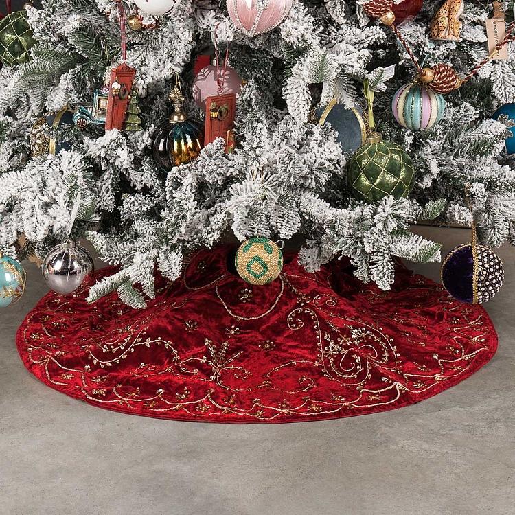 Бордовый коврик-юбка под ёлку большой с золотыми пайетками Gold Beads Christmas Tree Skirt Burgundy 120&nbsp;cm