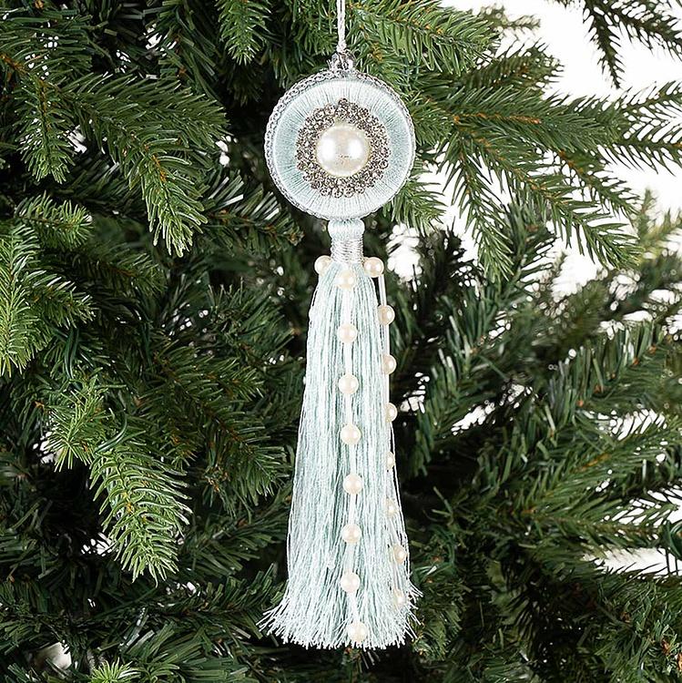 Новогодняя подвеска с жемчужинами и голубой кисточкой Tassel With Pearls Light Blue 21 cm