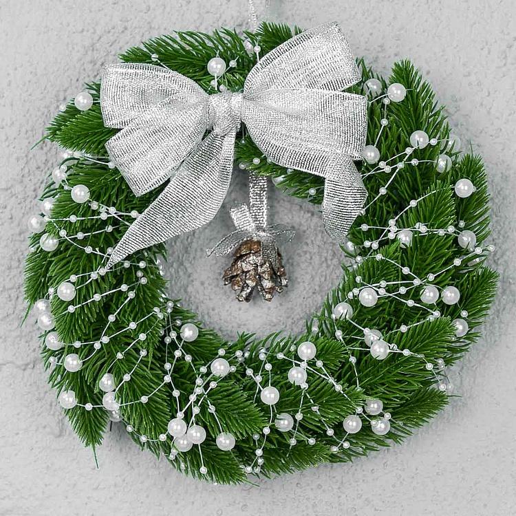 Новогодний венок с белым бантом Wreath With Bow White 20 cm