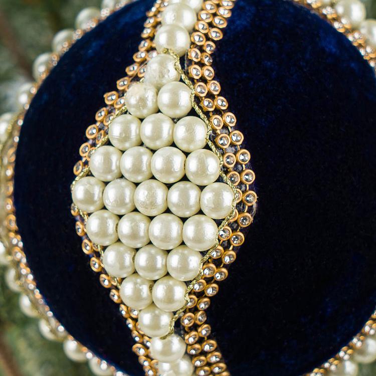 Ёлочная игрушка Синий бархатный шар с жемчужинами Velvet Ball With Pearls Blue 10 cm