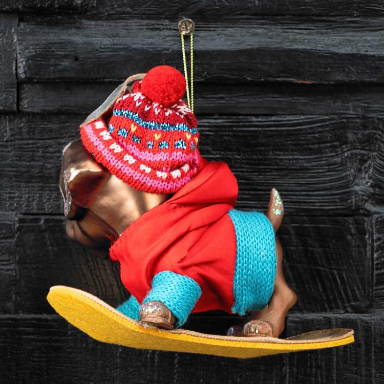 Набор из двух ёлочных игрушек Собачки на сноубордах дисконт1 Set Of 2 Glass Snowboard Dogs Brown/Red 15 cm discount1