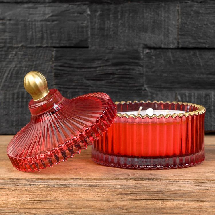 Арома-свеча в красном рифлёном стакане Фиолетоволистная роза, S Aroma Candle In Red Striped Glass Berry Rose Small