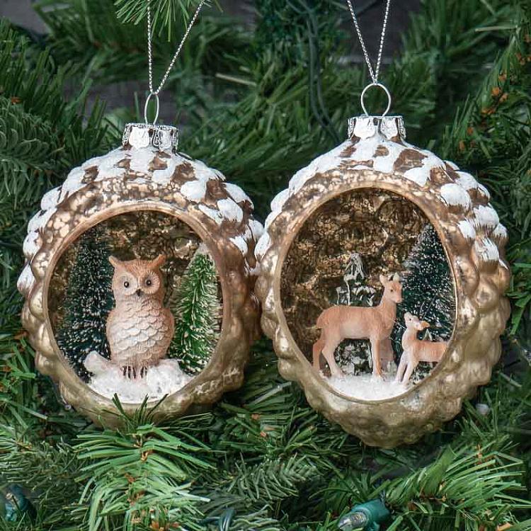 Набор из 2-х ёлочных игрушек Олени и сова в открытой шишке Set Of 2 Glass Deer And Owl In Open Pinecones Brown 10 cm