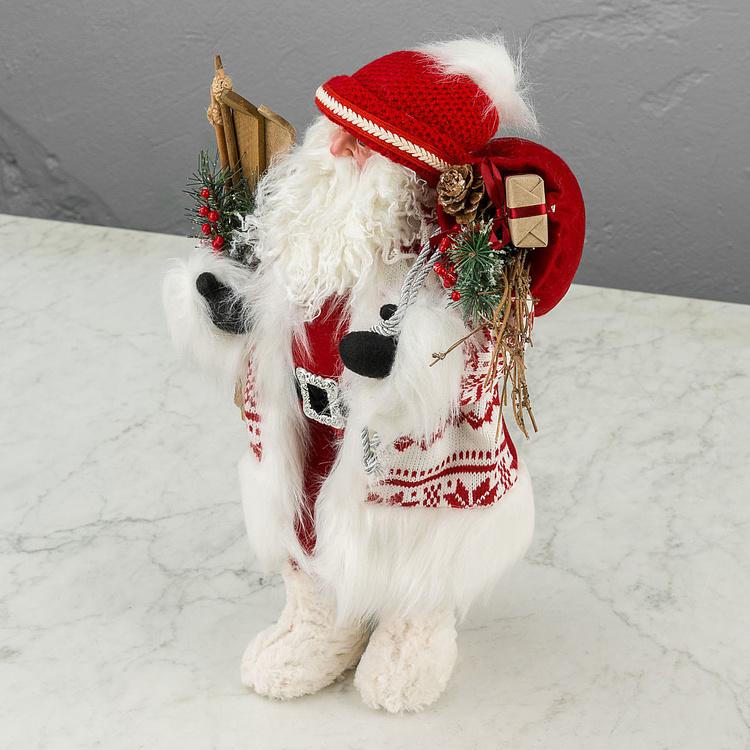 Новогодняя фигурка Лесной Санта в белой шубе и с лыжами Forest Santa Claus In White Fur Coat With Skis 48 cm
