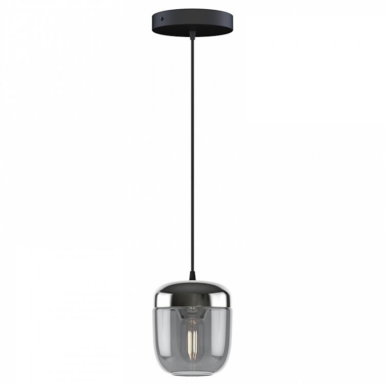 Серый подвесной светильник Жёлудь на чёрном проводе с плоским потолочным колпаком Acorn Smoked Steel Hanging Lamp With Black Cord Rosette