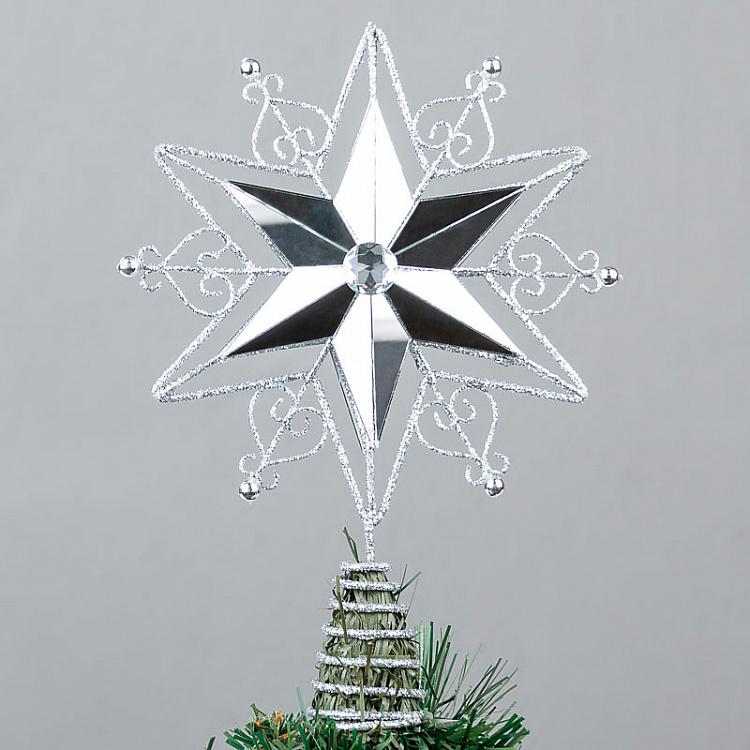 Верхушка на ёлку Серебряная звезда Metal Glitter Star Tree Topper Silver 25,5 cm