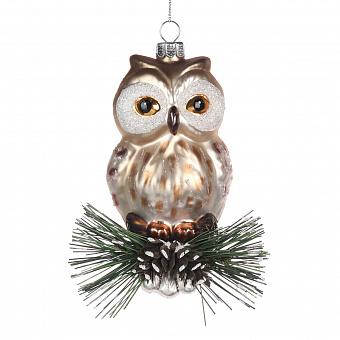 Ёлочная игрушка Glass Owl On Pine Brown Cream Green 12 cm