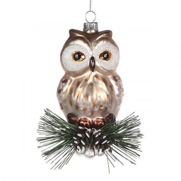 Стеклянная ёлочная игрушка Сова на ветке Glass Owl On Pine Brown Cream Green 12 cm