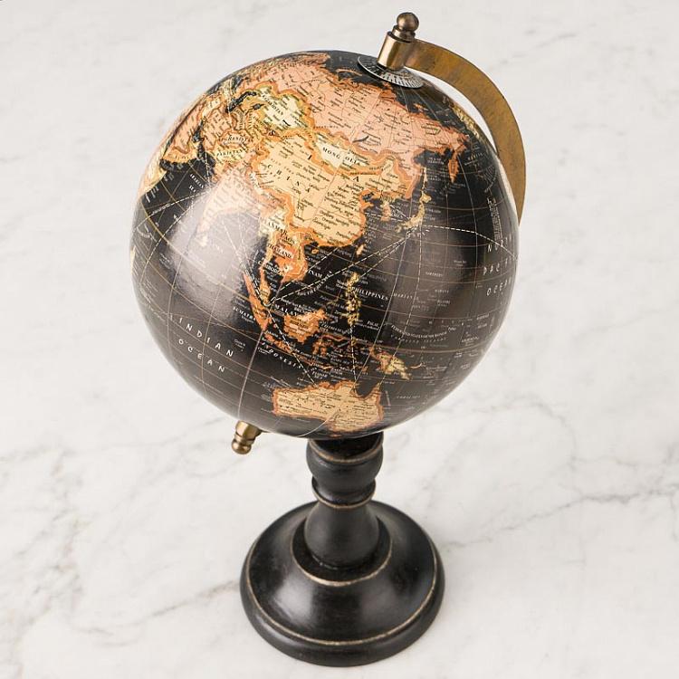 Винтажный чёрный глобус на деревянном основании Vintage Globe Black On Black Base Mango Wood