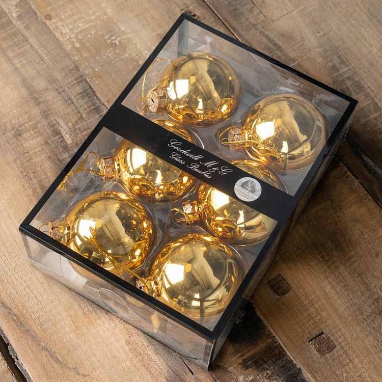 Set Of 6 Glass Uni Balls Box Shiny Gold 7 cm